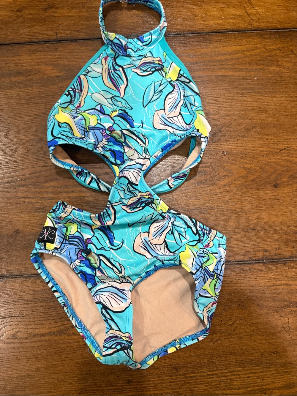 Kids Turquoise Floral Cutout One-Piece Dance Leo